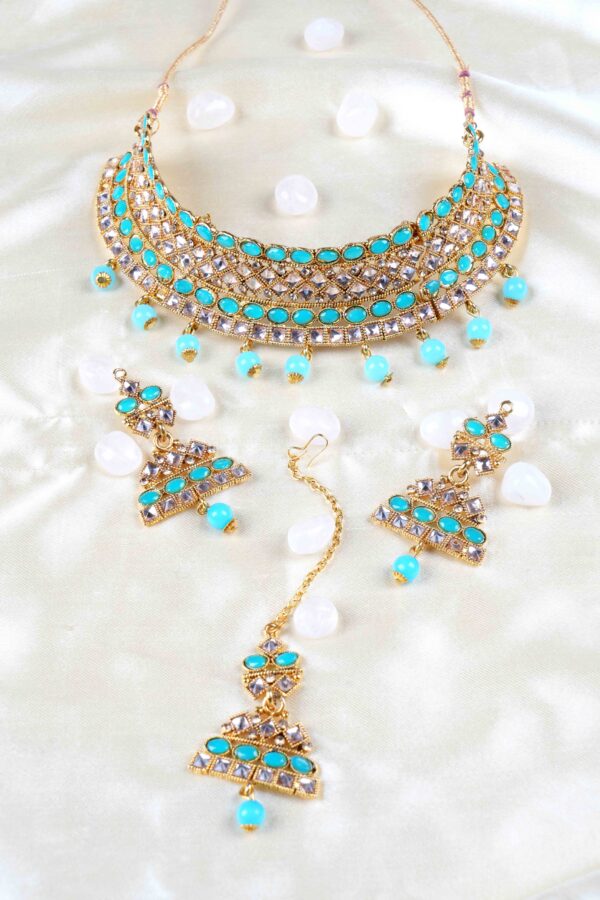 Pheme Blue Pearl Beads kundan Jewellery Set - Image 2