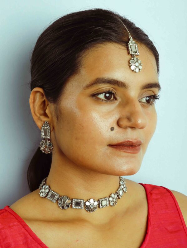 Aina Oxidised Mirror Choker Necklace Set - Image 2